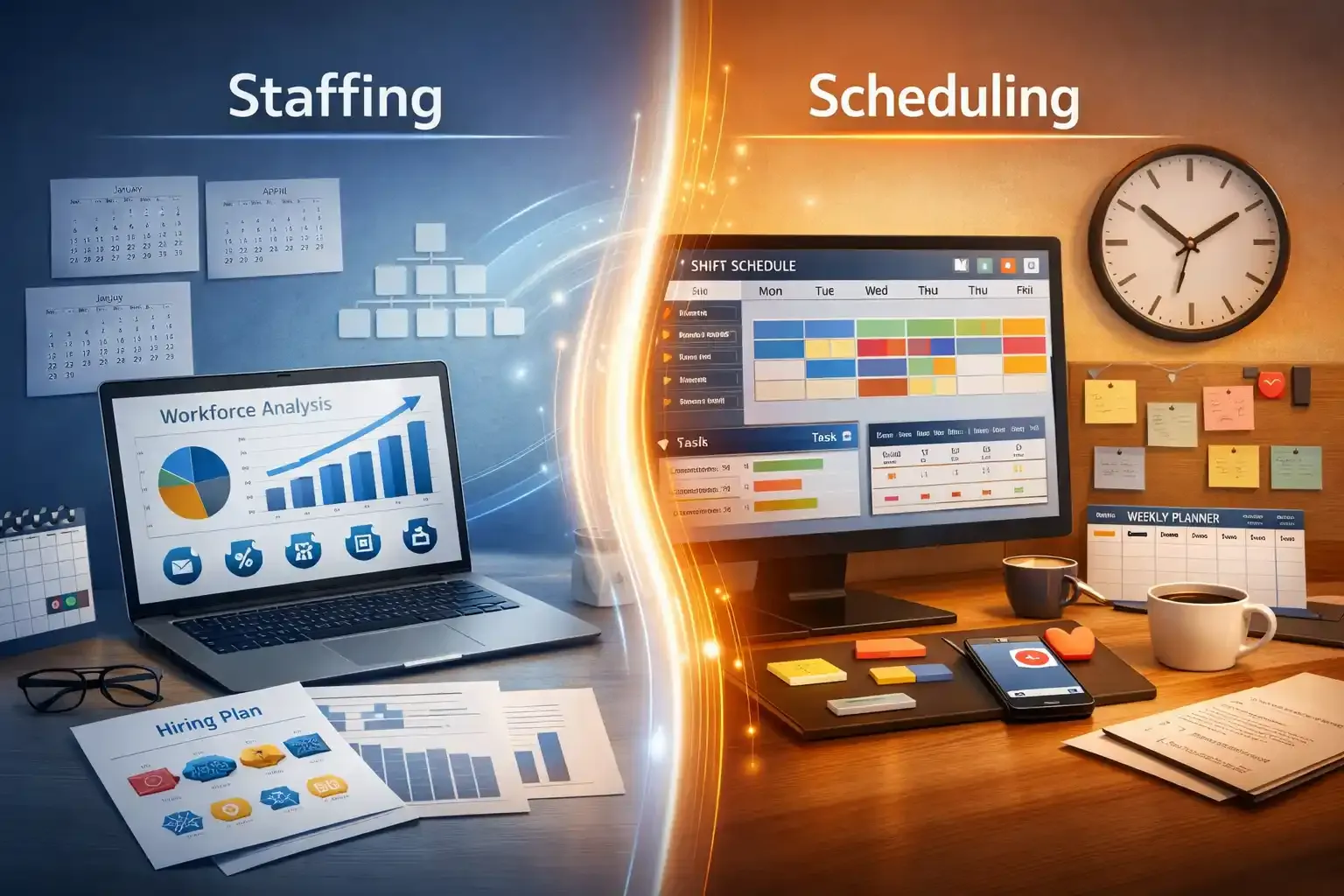 Split-screen image showing staffing strategy vs scheduling tasks on desks